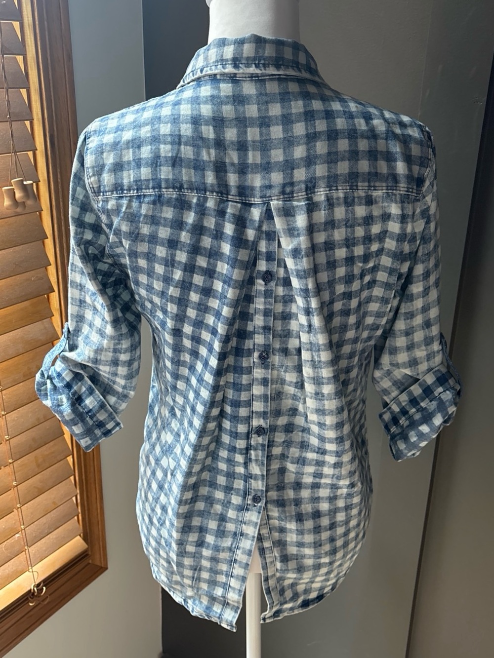 Blue & White Gingham Cotton Pullover Shirt | Back Button Detail | Casual XL - Picture 2 of 13